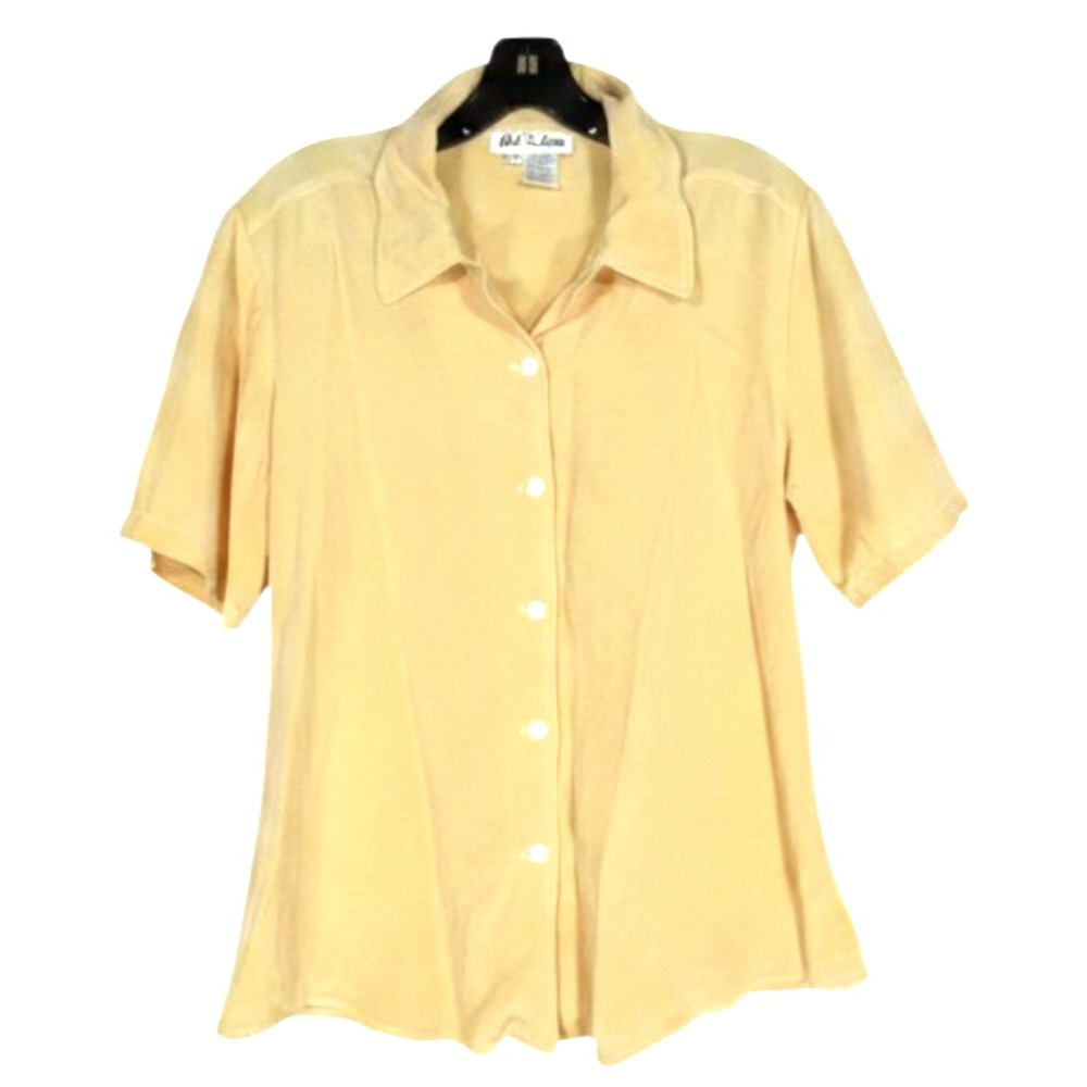VTG MEL & LISA Yellow Mustard PURE SILK Button-Up SHORT SLEEVES Shirt/Top Sz 12